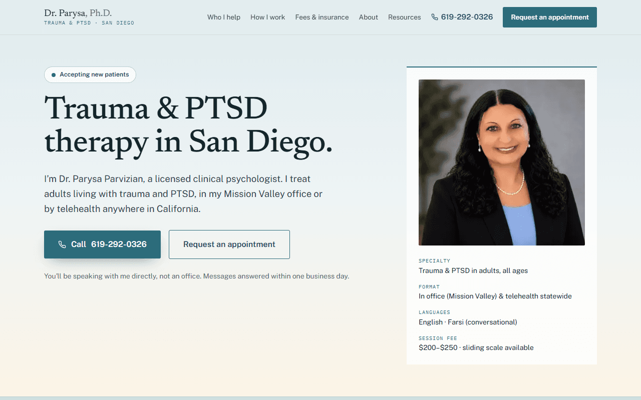 A therapy practice website built on Practice Lantern, shown on a desktop screen